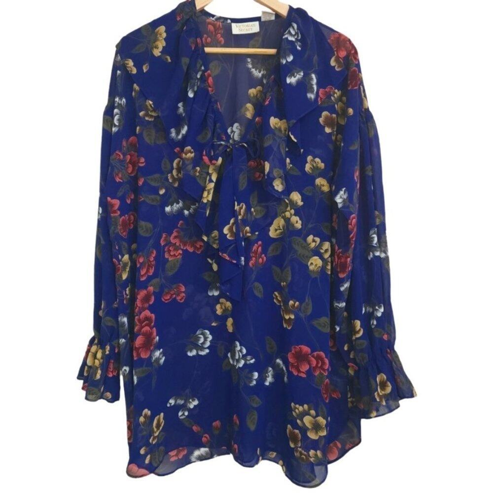 Victoria's Secret Vintage 1990s Ruffle Navy Floral Sheer Tunic Size M